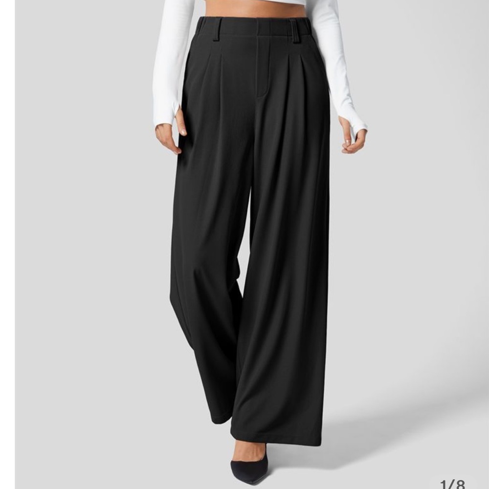 High Waisted Plicated Side Pocket Wide Leg Waffle Work Pants